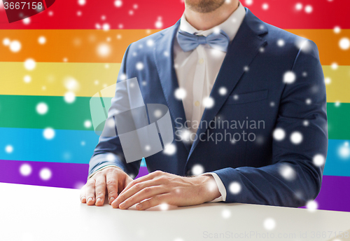 Image of close up of man in suit and bow-tie at table