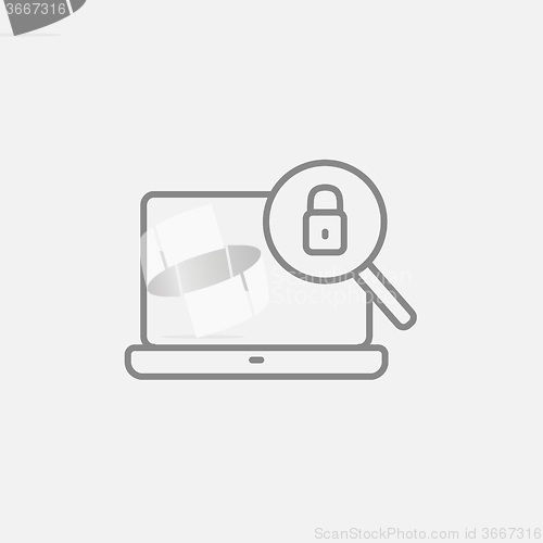 Image of Laptop and magnifying glass line icon.