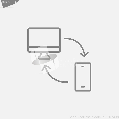 Image of Synchronization computer with mobile device line icon.