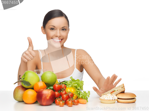 Image of woman with fruits showing thumbs up