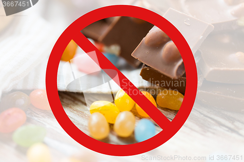 Image of close up of candies and chocolate behind no symbol