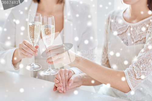 Image of close up of lesbian couple with champagne glasses