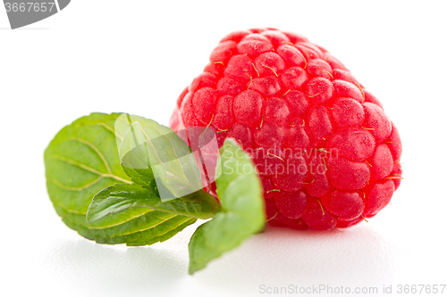 Image of Ripe raspberry with leaf