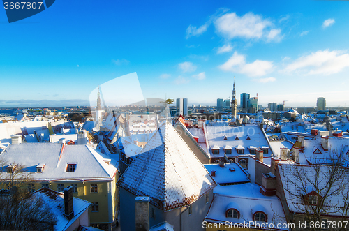 Image of A view over the rooftops of old Tallinn frosty morning