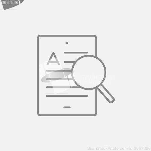 Image of Tablet and magnifying glass line icon.