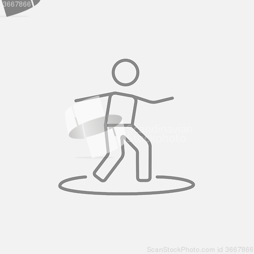 Image of Male surfer riding on surfboard line icon.