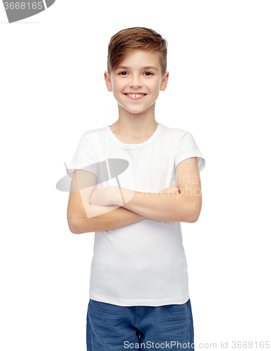 Image of happy boy in white t-shirt and jeans