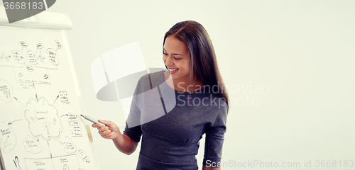 Image of smiling businesswoman on presentation in office