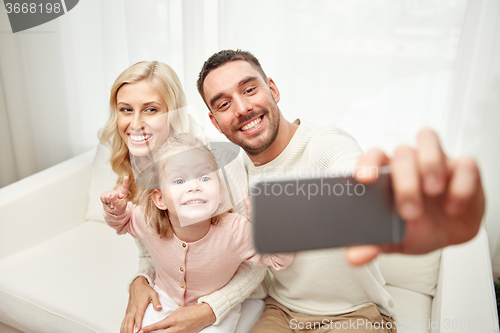 Image of family taking selfie with smartphone at home