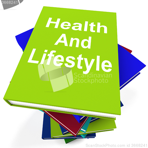 Image of Health and Lifestyle Book Stack Shows Healthy Living