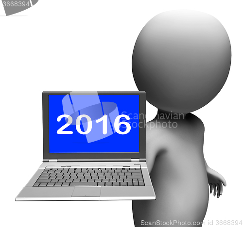 Image of Two Thousand And Sixteen Character Laptop Shows New Year 2016