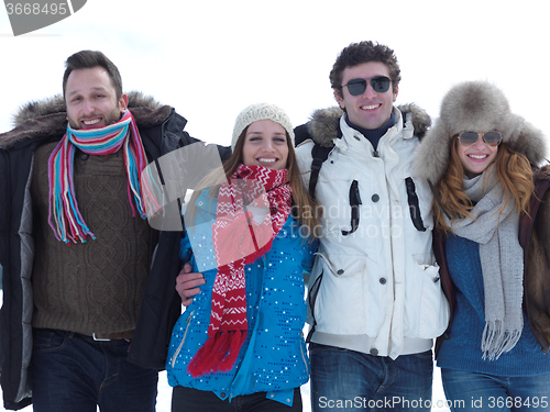Image of group of friends have fun and relaxing on winter vacation