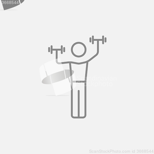 Image of Man exercising with dumbbells line icon.