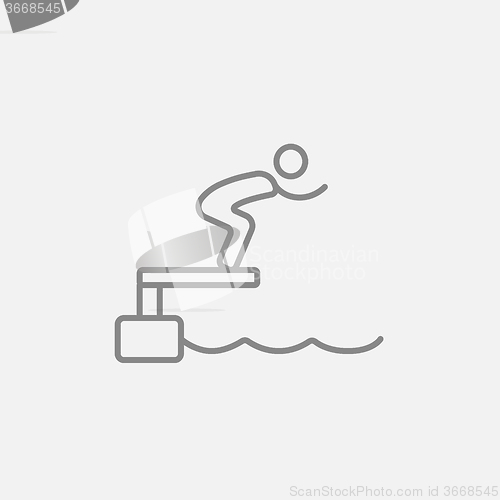 Image of Swimmer jumping from starting block in pool line icon.