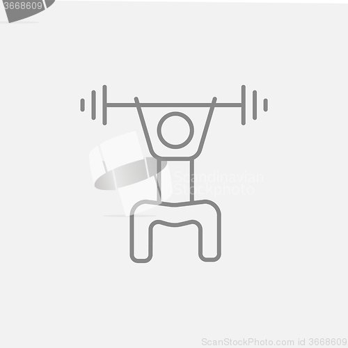 Image of Man exercising with barbell line icon.