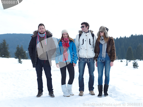 Image of group of friends have fun and relaxing on winter vacation