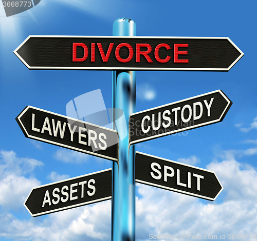 Image of Divorce Signpost Means Custody Split Assets And Lawyers