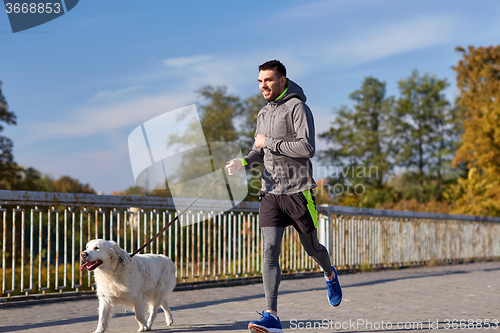 Image of happy man with labrador dog running outdoors