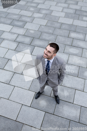 Image of young smiling businessman outdoors from top