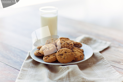 Image of close up of chocolate oatmeal cookies and milk