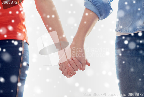 Image of close up of lesbian couple holding hands