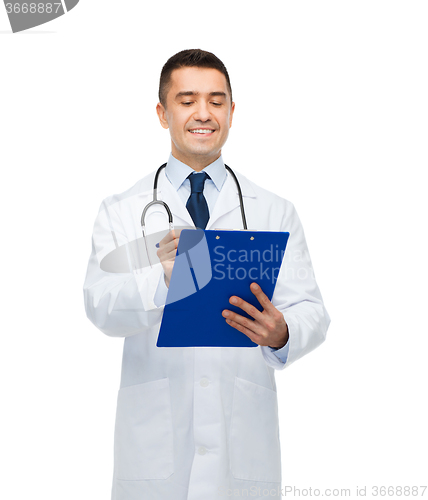 Image of smiling male doctor with clipboard and stethoscope