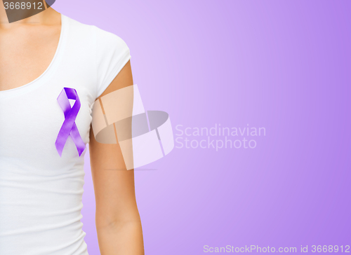 Image of close up of woman with purple awareness ribbon