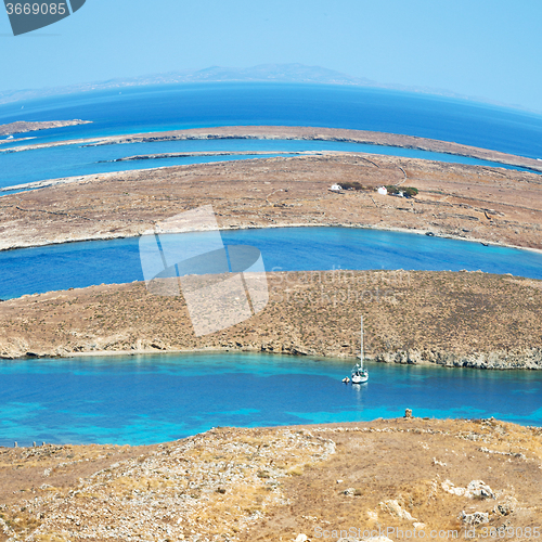 Image of sea in delos greece the historycal acropolis and old ruin site