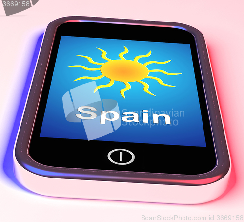 Image of Spain On Phone Means Holidays And Sunny Weather