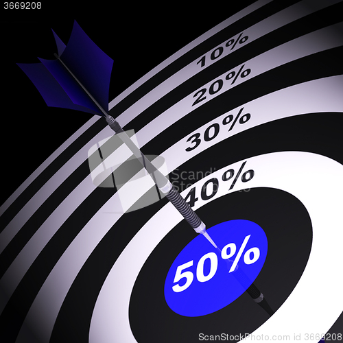 Image of 50Percent On Dartboard Showing Money Savings