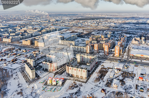 Image of Aerial view on residential district at winter