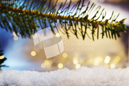 Image of branch and artificial snow with bokeh lights