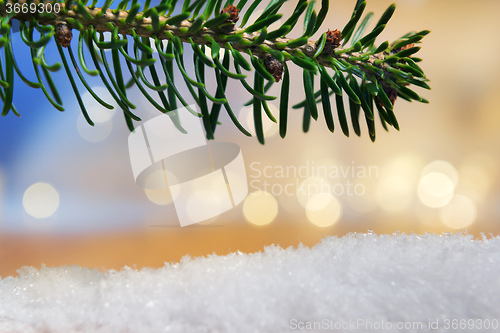 Image of branch and artificial snow with bokeh lights