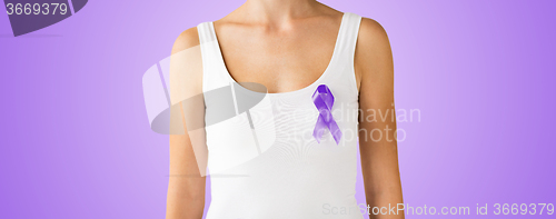 Image of close up of woman with purple awareness ribbon