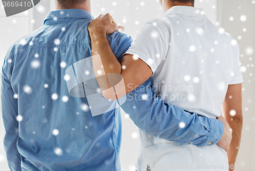 Image of close up of happy male gay couple hugging