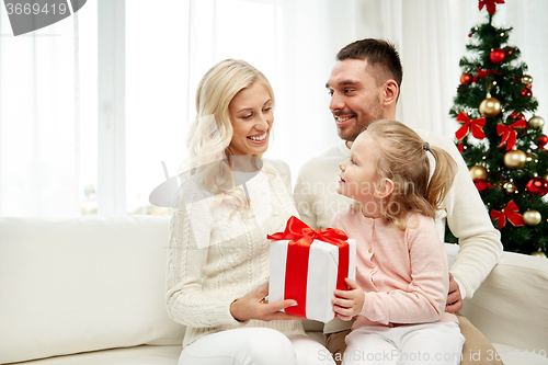Image of happy family at home with christmas gift box