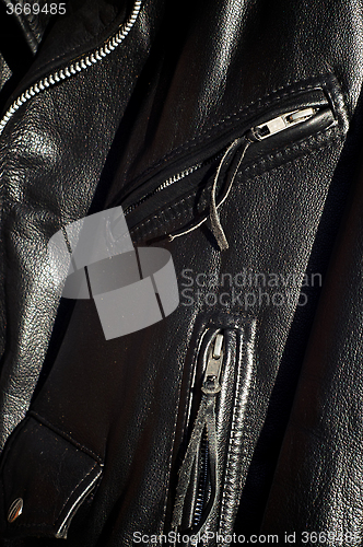 Image of close up of traditional black classic leather biker jacket