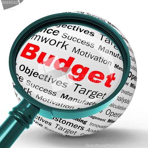 Image of Budget Magnifier Definition Shows Financial Management Or busine