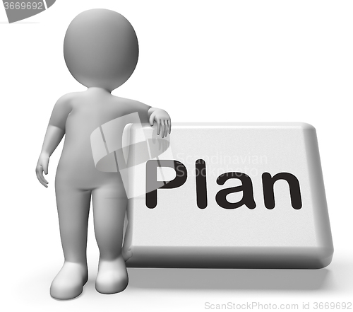 Image of Plan Button With Character Shows Objectives Planning And Organiz