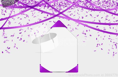 Image of blank paper with purple elements and confetti