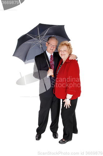 Image of Senior couple standing with umbrella.