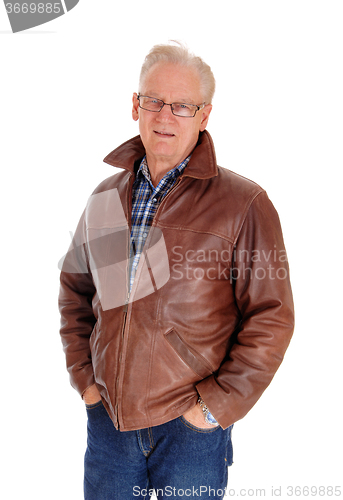 Image of Closeup of a senior man in leather jacket.