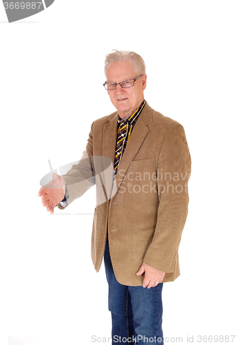 Image of Senior man stretching hand for greeting.