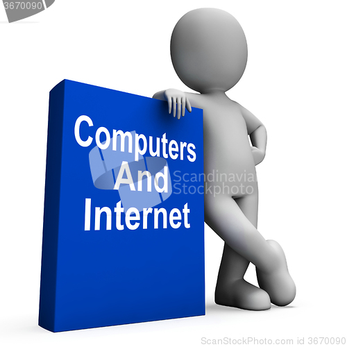 Image of Computers And Internet Book With Character Shows Web Research