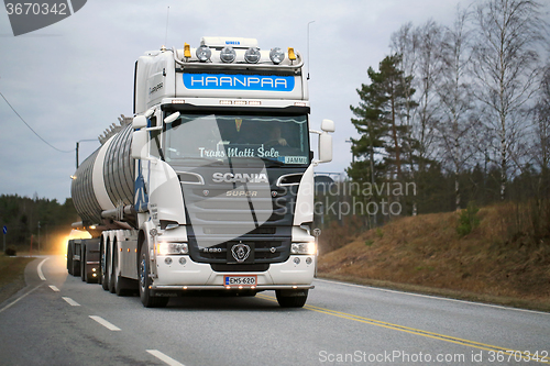 Image of White Scania R620 Tank Truck on Highway