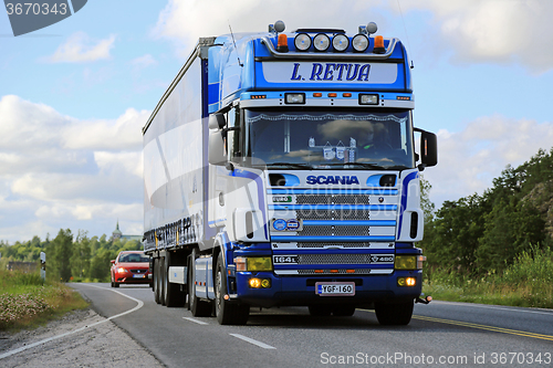 Image of Scania 164L Semi Truck on the Road at Summer