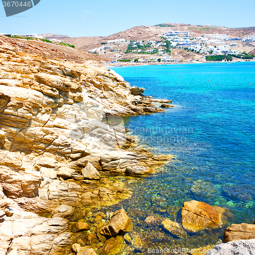 Image of in greece the mykonos island rock sea and beach blue   sky