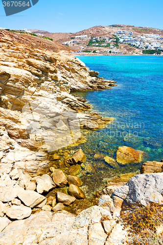 Image of in greece the mykonos island rock sea and beach blue   sky