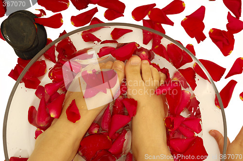 Image of Feet of child in spa with rose petals and stone