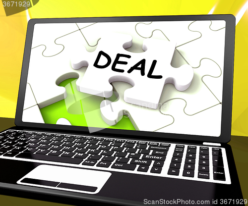Image of Deal Laptop Shows Trade Deals Contract Or Dealing Online